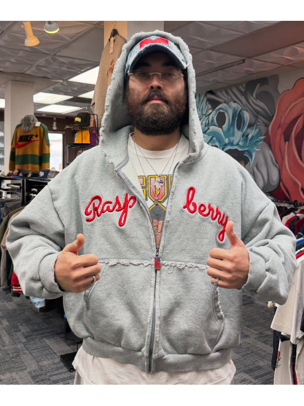 Gold + Vintage Raspberry Hills Script Zip-Up Hoodie Grey