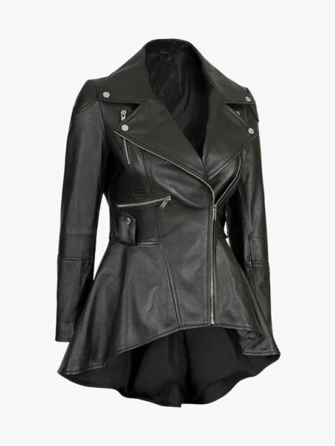 Gonzalez Women Black Asymmetrical Peplum Leather Jacket