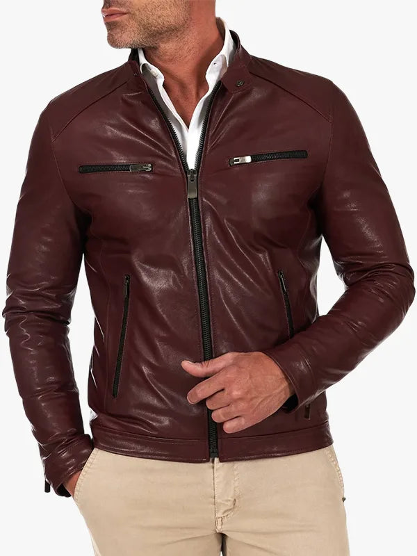 Hamilton Bordeaux Vegetable Leather Jacket Four Zipper Pockets Vintage Effect