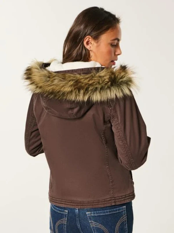 Hollister Women's Holiday Vault Release Twill Faux Fur Trim Hooded Bomber Jacket Brown