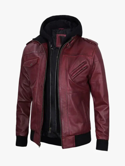 Hood in Burgundy Leather Jacket