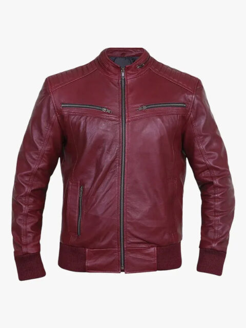 Jade Mens Maroon Bomber Moto Leather Jacket
