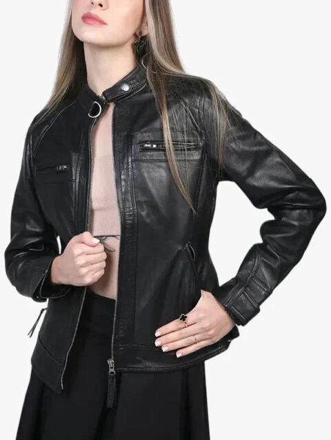 Johnson Women Black Cafe Racer Leather Jacket
