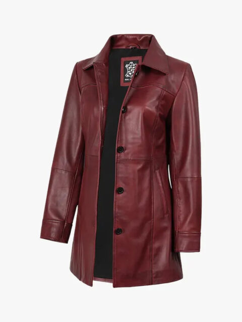 Kandis Women's Burgundy Real Leather Car Coat