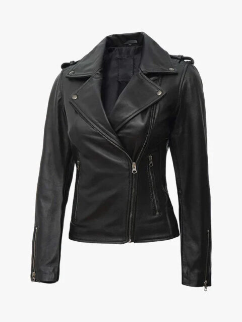 Kirsten Black Asymmetrical Leather Motorcycle Jacket