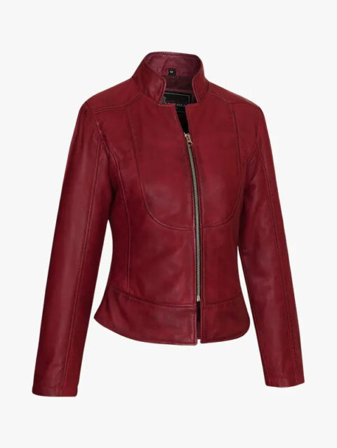 Ladies Burgundy Fitted Leather Jacket