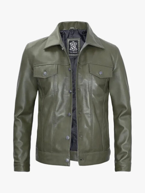 Leather Jacket Mens Dark Green Trucker