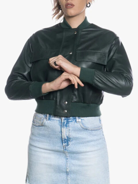 Lisa Womens Green Bomber Rib Knitted Jackei