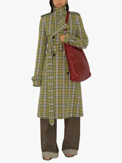 Long Check Stretch Linen Trench Caper Coat