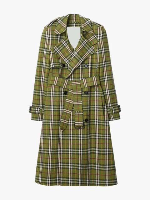 Long Check Stretch Linen Trench Coat