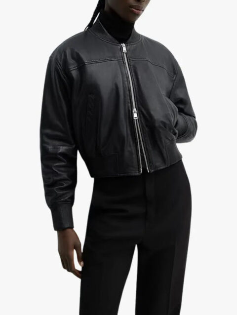 Mango Outlet Black Leather Bomber Jacket