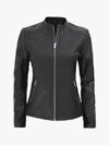 Maude Women’s Black Textured Cafe Racer Leather Jacket