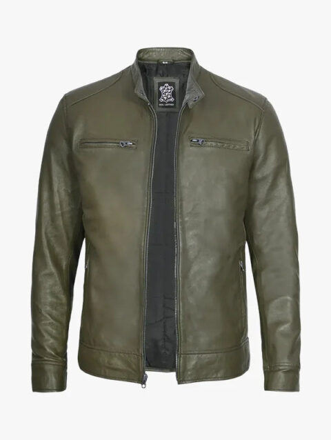 Men Dodge Green Cafe Racer Leather Jacket