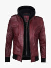 Men Burgundy Leather Jacket with Removable Hood