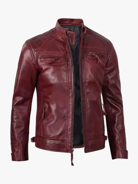 Men Real Leather Burgundy Biker Jacket Quilted Shoulder