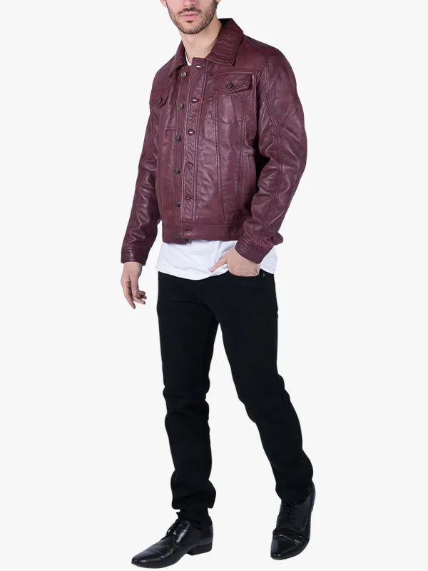 Men Real Leather Shirt Jacket Burgundy Wine Retro Jeans Style Brando Classic