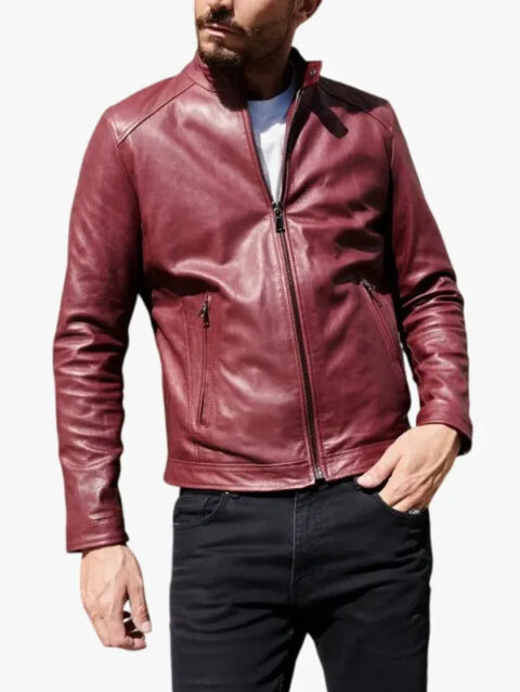 Men Ted Bordeaux Leather Biker Jacket