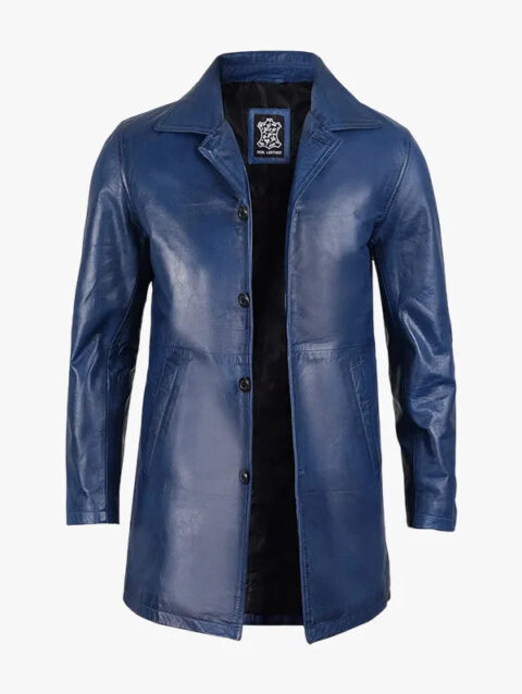 Men's 3/4 Length Blue Waxed Leather Car Coat