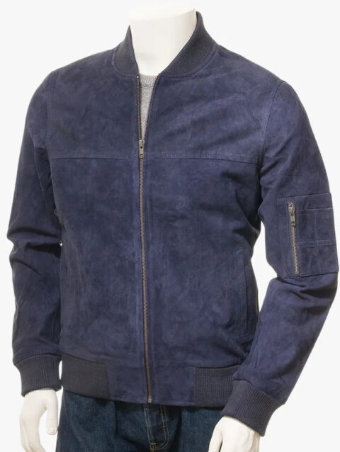 Men's Blue Suede Bomber Jacket