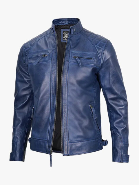 Men's Blue Waxed Quilted Shoulder Café Racer Leather Jacket
