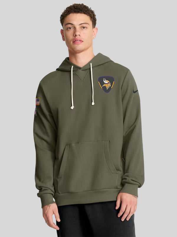 Men's Minnesota Vikings Nike Olive 2025 Salute to Service Sideline Standard Issue Dri FIT Hoodie