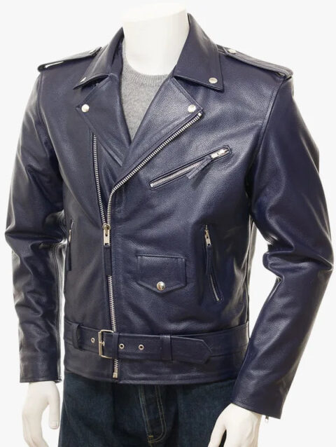 Men's Navy Leather Biker Jacket