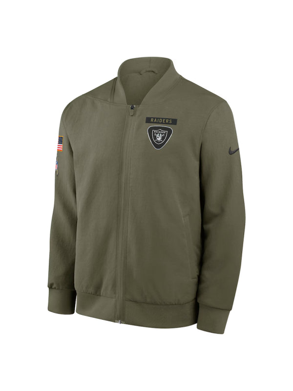 Men's Nike Olive Las Vegas Raiders 2025 Salute to Service Sideline Full-Zip Bomber Jacket