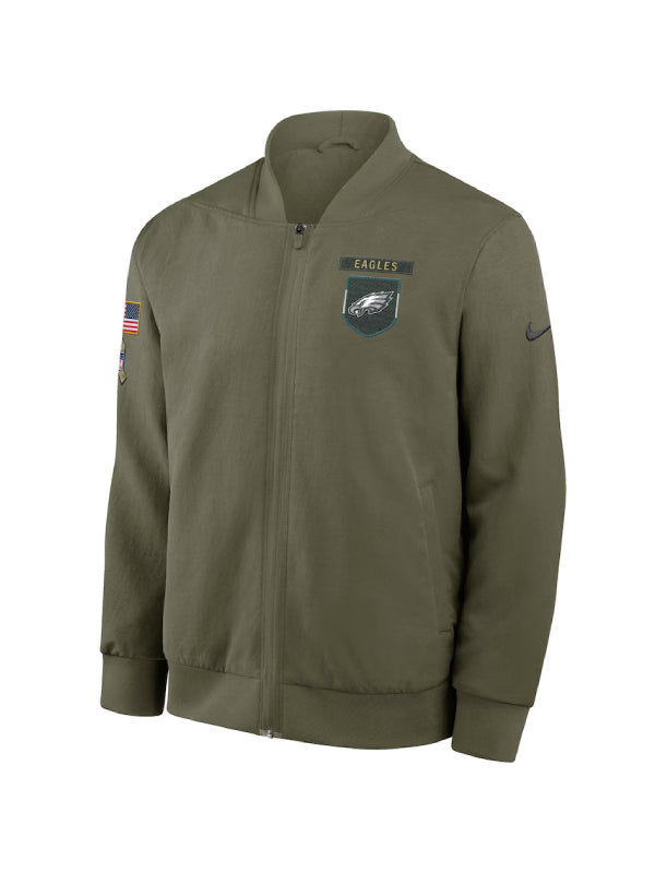 Men's Nike Olive Philadelphia Eagles 2025 Salute to Service Sideline Full-Zip Bomber Jacket