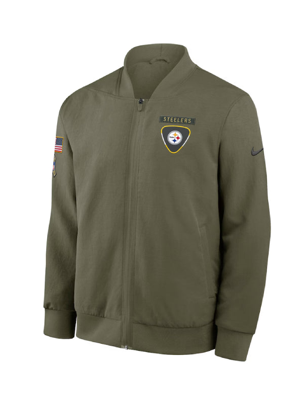Men_s Nike Olive Pittsburgh Steelers 2025 Salute to Service Sideline Full-Zip Bomber Jacket