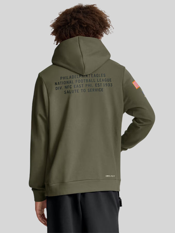 Men's Philadelphia Eagles Nike Olive 2025 Salute to Service Sideline Standard Issue Dri FIT Hoodie