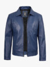 Men's Shirt Collar Blue Leather Jacket