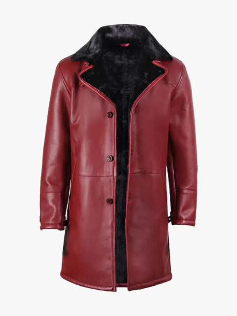 Men's Winter Burgundy Leather Shearling Coat