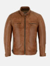 Mens Cafe Racer Brown Motorcycle Leather Jacket Front