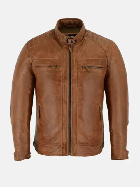 Mens Cafe Racer Brown Motorcycle Leather Jacket Front