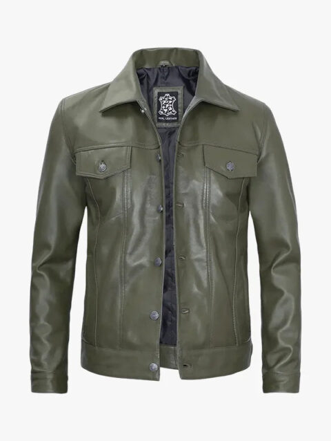 Mens Green Leather Trucker Jacket