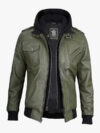Mens Olive Green Bomber Leather Jacket With Removable Hood