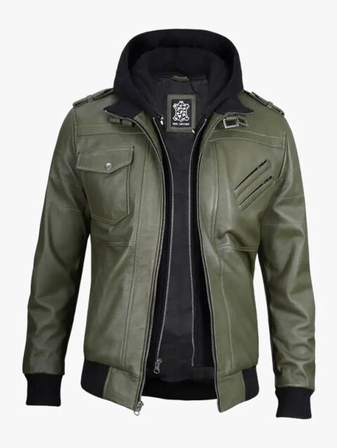 Mens Olive Green Bomber Leather Jacket With Removable Hood