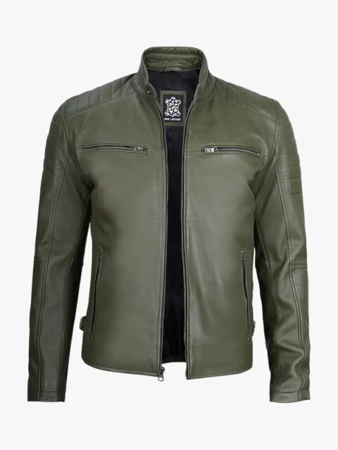 Mens Olive Green Cafe Racer Leather Jacket
