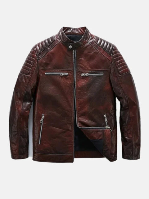 Mens Reddish Brown Cafe Racer Leather Moto Jacket Front