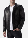 Mens Turn Down Collar Black Leather Jacket Front