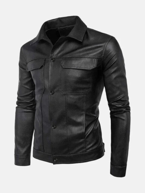 Mens Turn Down Collar Leather Jacket Front