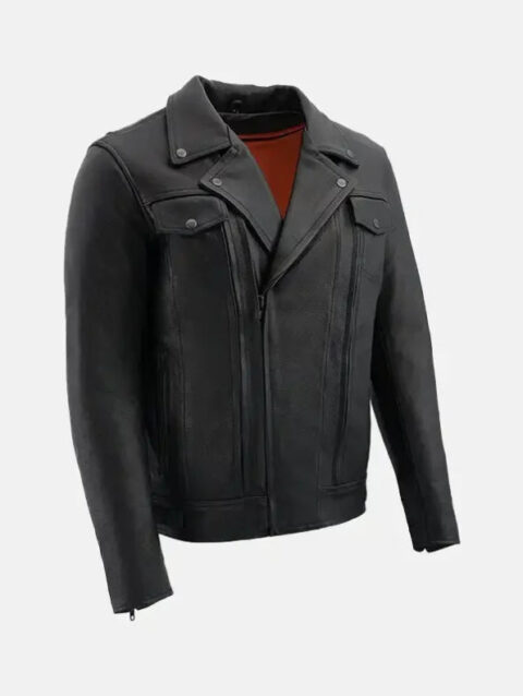 Mens Vented Black Biker Leather Jacket Side Pose