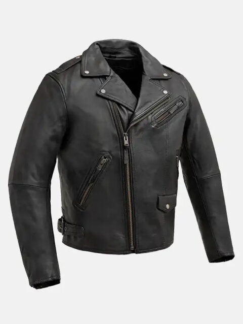 Mens Zippered Chest Pocket Black Biker Leather Jacket
