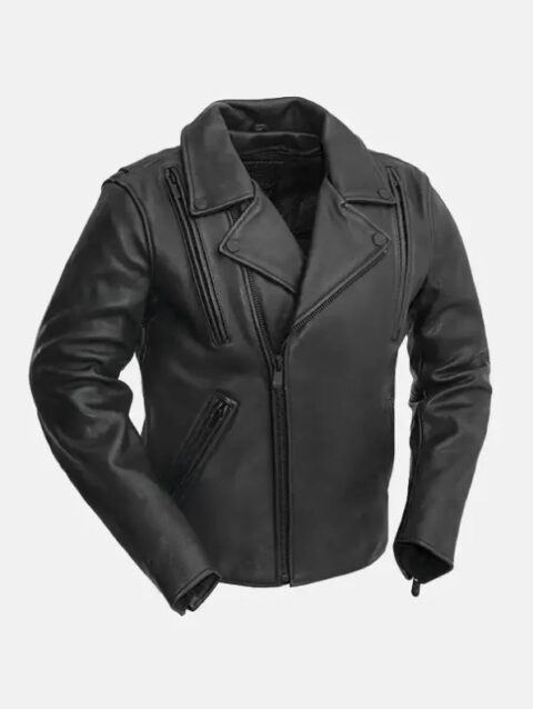 Mens Zippered Slash Pockets Biker Leather Jacket