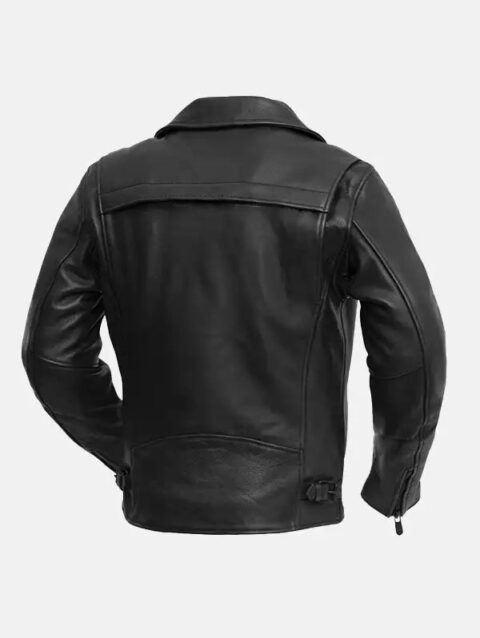 Mens Zippered Slash Pockets Biker Leather Jacket Back Pose