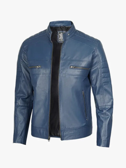Mens Blue Cafe Racer Style Leather Jacket