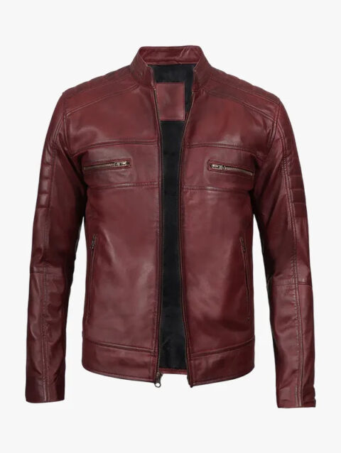 Mens Burgundy Cafe Racer Leather Jacket