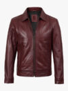 Mens Classic Shirt Collar Burgundy Harrington Leather Jacket