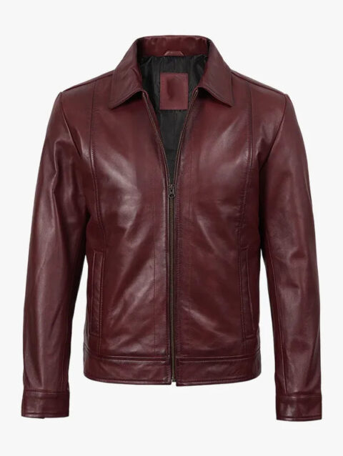 Mens Classic Shirt Collar Burgundy Harrington Leather Jacket
