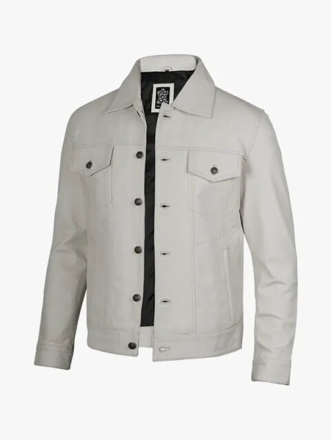 Mens Off White Leather Trucker Jacket